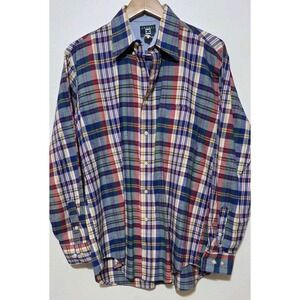 Vintage Cowboy Equipment Shirt Men M Blue Red Plaid Western Long Tail Rodeo EUC